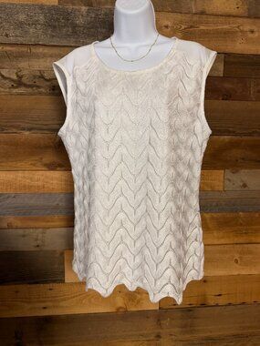 Roz & Ali White Sleeveless Top L Shimmer Scallop Hem Sheer Back Detail